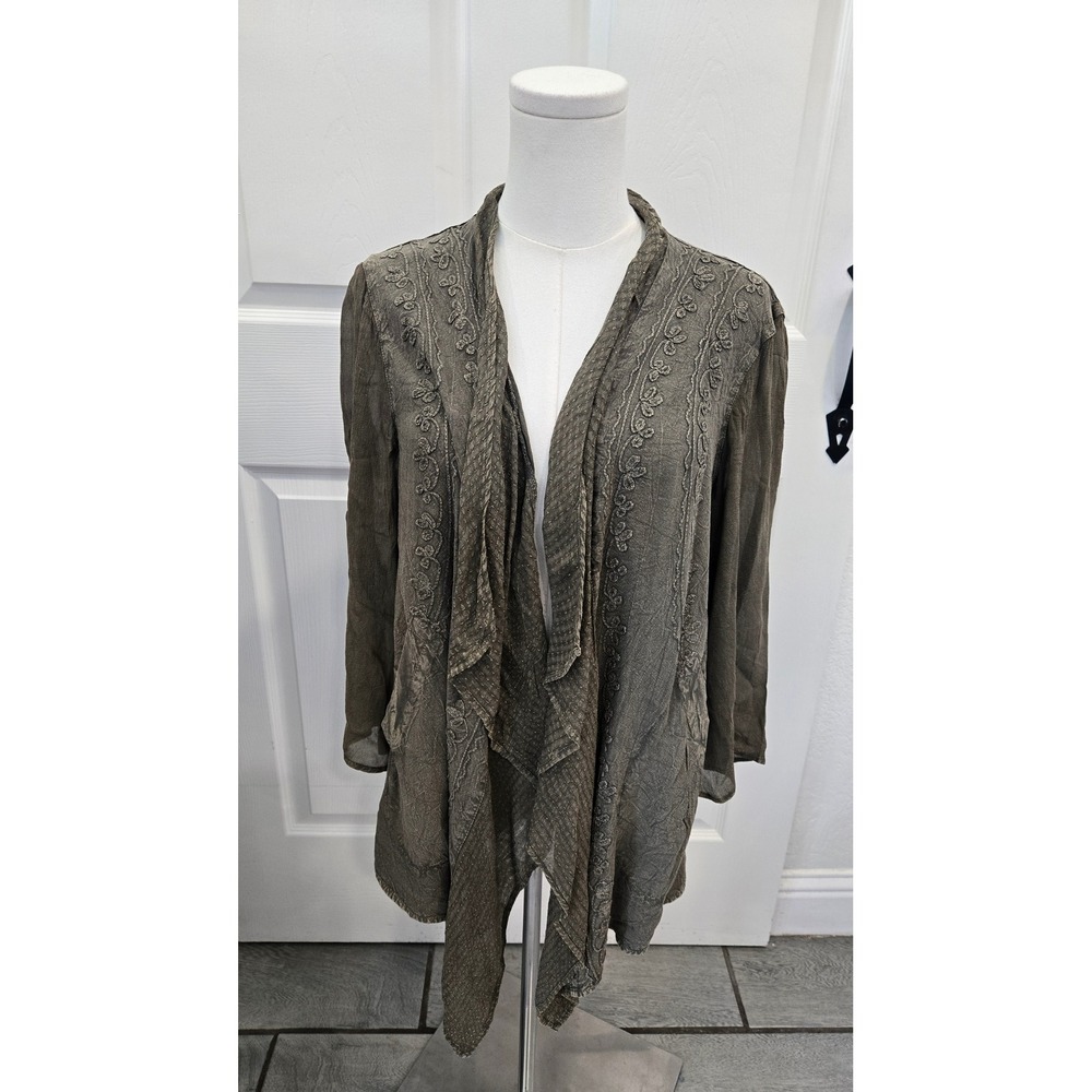 Young‎ Threads Olive Green Embroidered Waterfall Cardigan Jacket XL NWT Boho